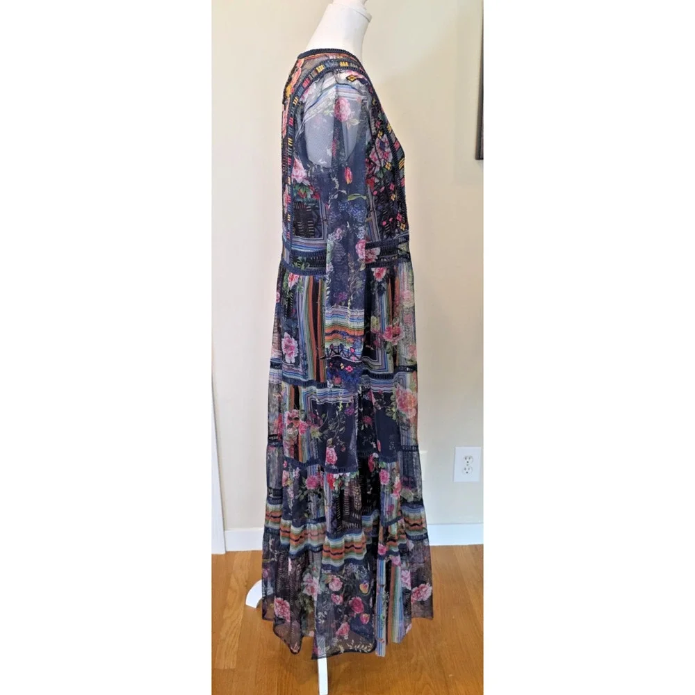 Biya Johnny Was Dayana Mesh Maxi Dress Embroidered Floral Patchwork Slip M Boho